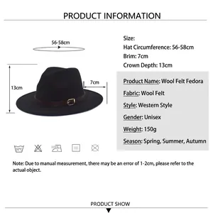 Wool fedora hat in black with leather band and dimensions 56-58cm for men and women