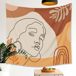 Detail of Morandi tapestry with abstract female line art and tropical leaves for wall decor