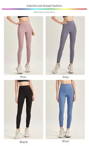 Collage di leggings yoga a vita alta in quattro colori rosa, grigio, nero e blu