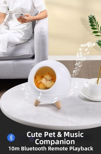 Bluetooth cat pet house speaker with cozy warm lighting and stylish wooden tripod base