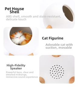 Detailed views of the pet house lamp shell, magnetic cat ornament and hi-fi speaker