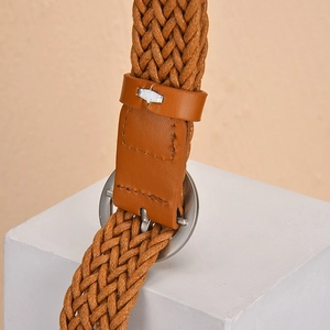 Brown woven wax rope belt for women featuring a round silver metal buckle and leather loop