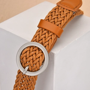 Women's camel woven wax rope belt with a silver round buckle in a vintage minimalist style