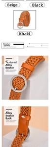 Detail of khaki woven wax rope belt showing round alloy buckle on minimalist background