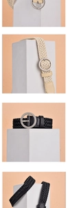 Detail view of woven wax rope belts in beige and black with round silver buckles