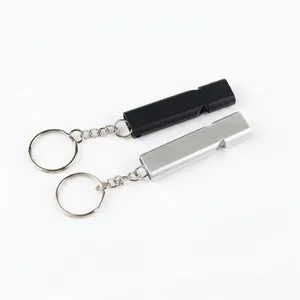 Outdoor aluminum survival whistle keychain in black and silver metallic finish