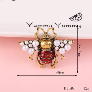 Detail view of bee alloy charm with pearls and red crystals, size 49mm x 38.5mm