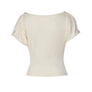 Detail of boat neck knit top with shoulder pleats and silver decorative buttons