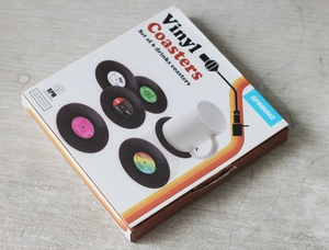 Set of 6 retro vinyl record coasters in a vintage style retail packaging box