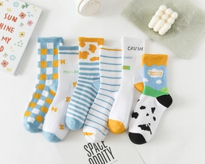Flat lay of six pairs of assorted cotton crew socks with plaid and floral patterns