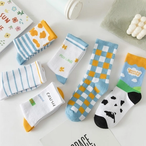 Set of 6 cute Japanese style cotton socks with stripes and patterns on white background