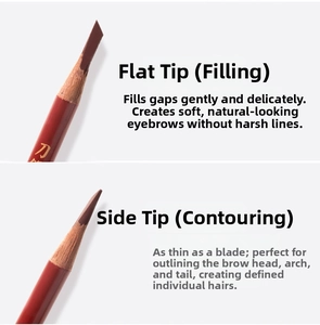 Detail of hard core eyebrow pencil showing flat blade tip for shading and fine lining