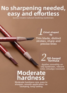 Macro detail of waterproof sword-shaped eyebrow pencil showing sharp angled precision tip