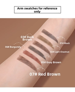 Arm swatches of waterproof eyebrow pencils in six diverse shades from black to brown