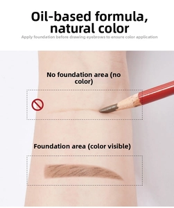 Detail showing deep brown eyebrow pencil swatches on skin with and without foundation