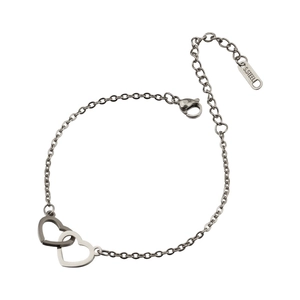 Polished stainless steel double interlocking heart bracelet with adjustable chain