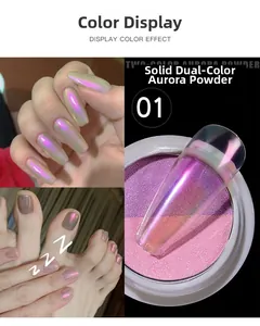 Polvo de uñas Aurora bicolor 01 con efecto cromo púrpura iridiscente en las uñas