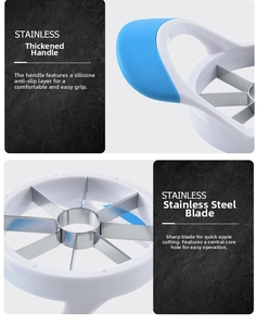 Detail of thickened silicone handles and stainless steel blades on the apple slicer