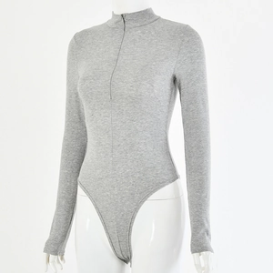 Detail of grey ribbed cotton bodysuit featuring high neck and front zipper closure