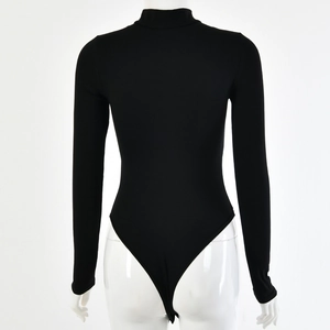Back view of black long-sleeve bodysuit on white mannequin showing snug fit and high cut