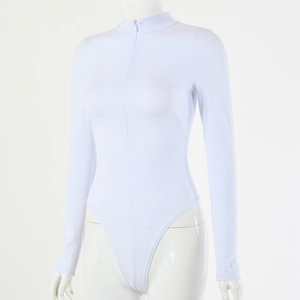 Detailed view of the white long-sleeve bodysuit featuring a mock neck and front zipper closure
