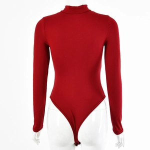 Back view of red long sleeve bodysuit with thong cut on a professional mannequin