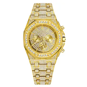 Men Quartz Watch Iced Out Full Rhinestone Octagonal Bezel Luxury Hip Hop Fashion Waterproof Chronograph Wristwatch
