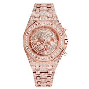 Luxurious rose gold octagonal quartz watch fully iced out with sparkling white crystals