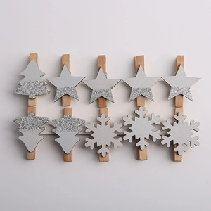 Set of 10 grey wooden Christmas clips with silver glitter tree, star and snowflake designs