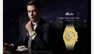 Detailed close-up of a luxury gold diamond-set watch featuring an octagonal bezel for men