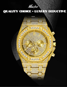 Macro shot of gold-plated octagonal watch bezel encrusted with pavé sparkling crystals