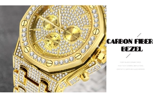 Detail of gold full iced-out quartz watch featuring an octagonal bezel with crystals