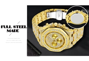 Macro detail of luxury full steel iced out watch with synthetic sapphire glass mirror