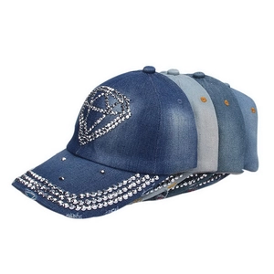 Stacked denim baseball caps with diamond patterns in dark blue, light blue and grey tones
