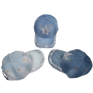 Detailed views of light blue denim baseball cap with sparkling silver rhinestone stars