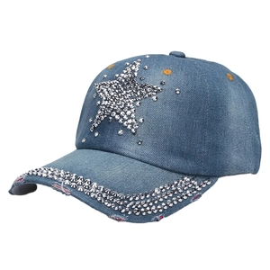 Denim baseball cap featuring a rhinestone star pattern and distressed brim decoration