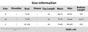 Size chart for halter top and flared pants set with S, M, L measurements in centimeters