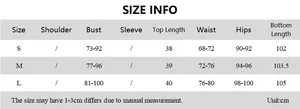 Size chart for halter crop top and flared trousers set with precise cm measurements