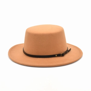 Classic camel wide brim flat top wool felt hat with decorative brown leather belt and buckle