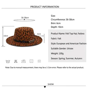 Flat top leopard print wool fedora hat with size chart and technical specifications