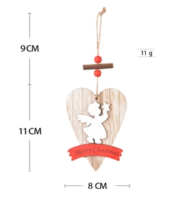 Detailed size specifications for a wooden heart Christmas pendant with dimensions and red beads