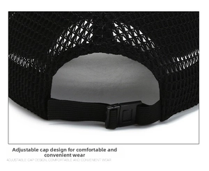 Detail of breathable mesh fabric and adjustable plastic strap buckle on baseball cap