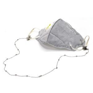 Close-up of silver beaded mask chain and grey KN95 respirator with metal crocodile clips