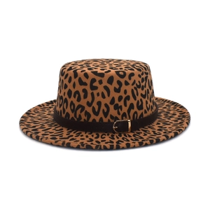 Flat top leopard print wool fedora hat with brown decorative belt and gold buckle
