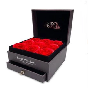 Deep grey double-layer jewelry gift box with nine red roses and a storage drawer