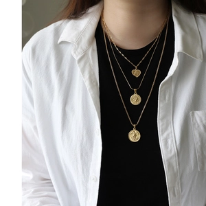 Vintage 18K gold-plated stainless steel layered necklace with heart and coin pendants