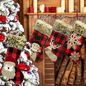 Large Buffalo Plaid Christmas Stockings With Faux Fur Cuff Santa Snowman Reindeer Snowflake Applique Rustic Holiday Home Decorations Gift Bags