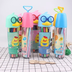 Close-up of 12-color washable watercolor pens in duck-shaped portable plastic tubes