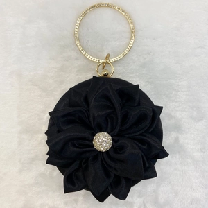 Close-up of circular satin evening bag with 3D floral detail and rhinestone handle