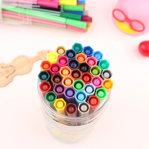Top view detail of colorful washable watercolor pens in a bucket for kids' art